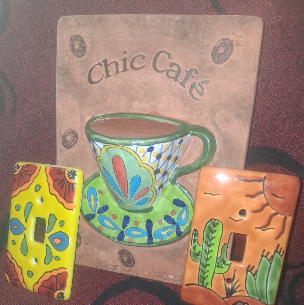 5 RADIANT HANDPAINTED "TALAVERA" GLAZED WALL ART AND LIGHT SWITCH COVERS.